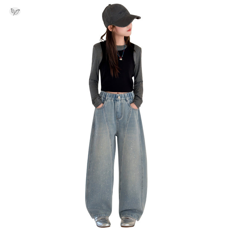 Children's Trousers Fashion Rhinestone Jeans Stitching Casual Children's Pants