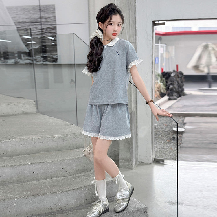 Children's Sports Suit Summer Korean Lace Edge Parent-child Outfit