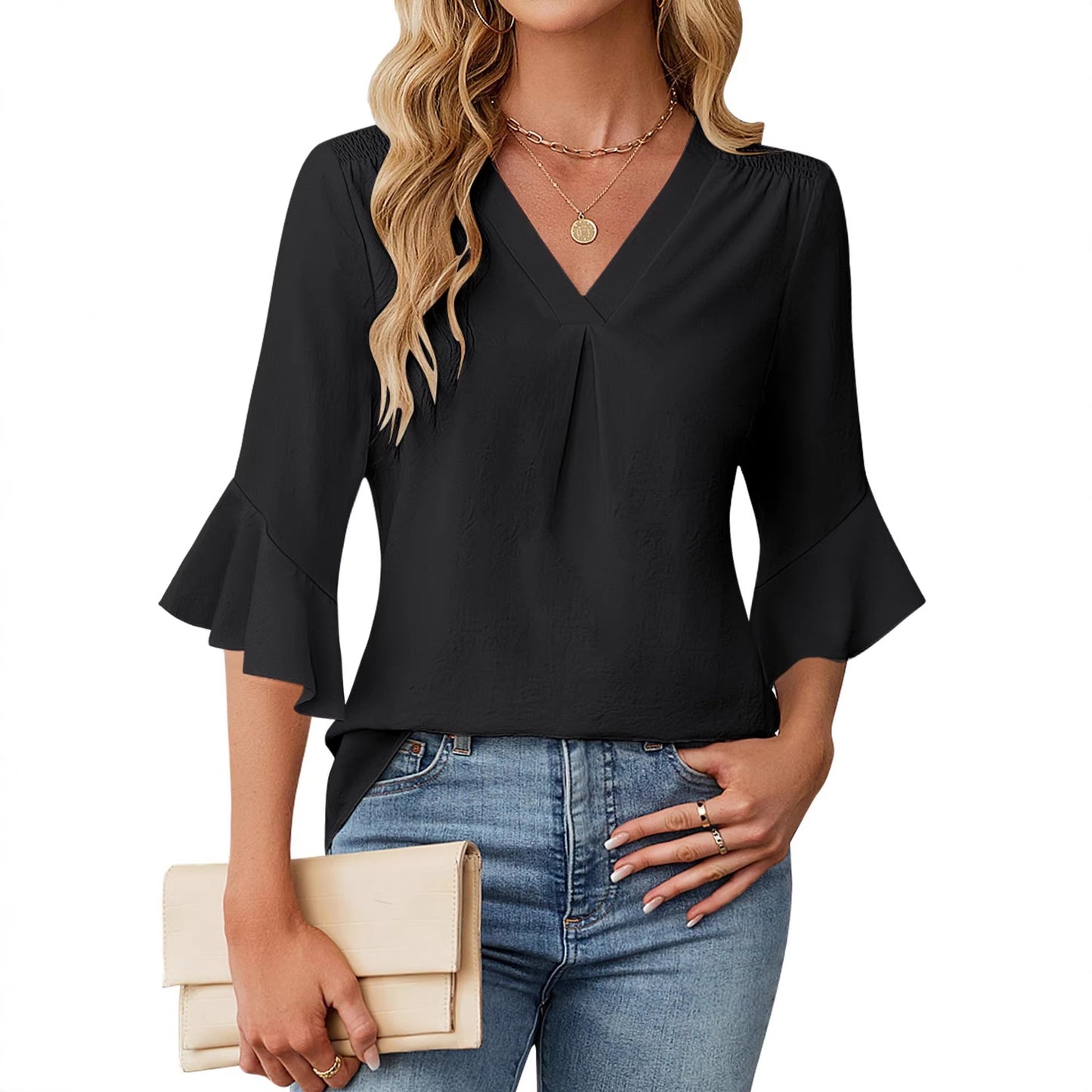Women's Summer Cropped Smocking Ruffle Casual Lace Shirt, Chiffon Shirt