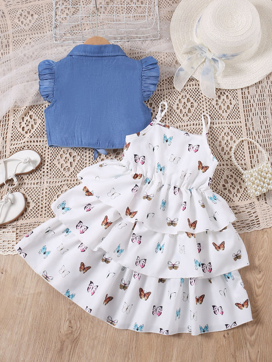 Flying Sleeve Denim Vest Suspenders Jumpsuit Children's Suit