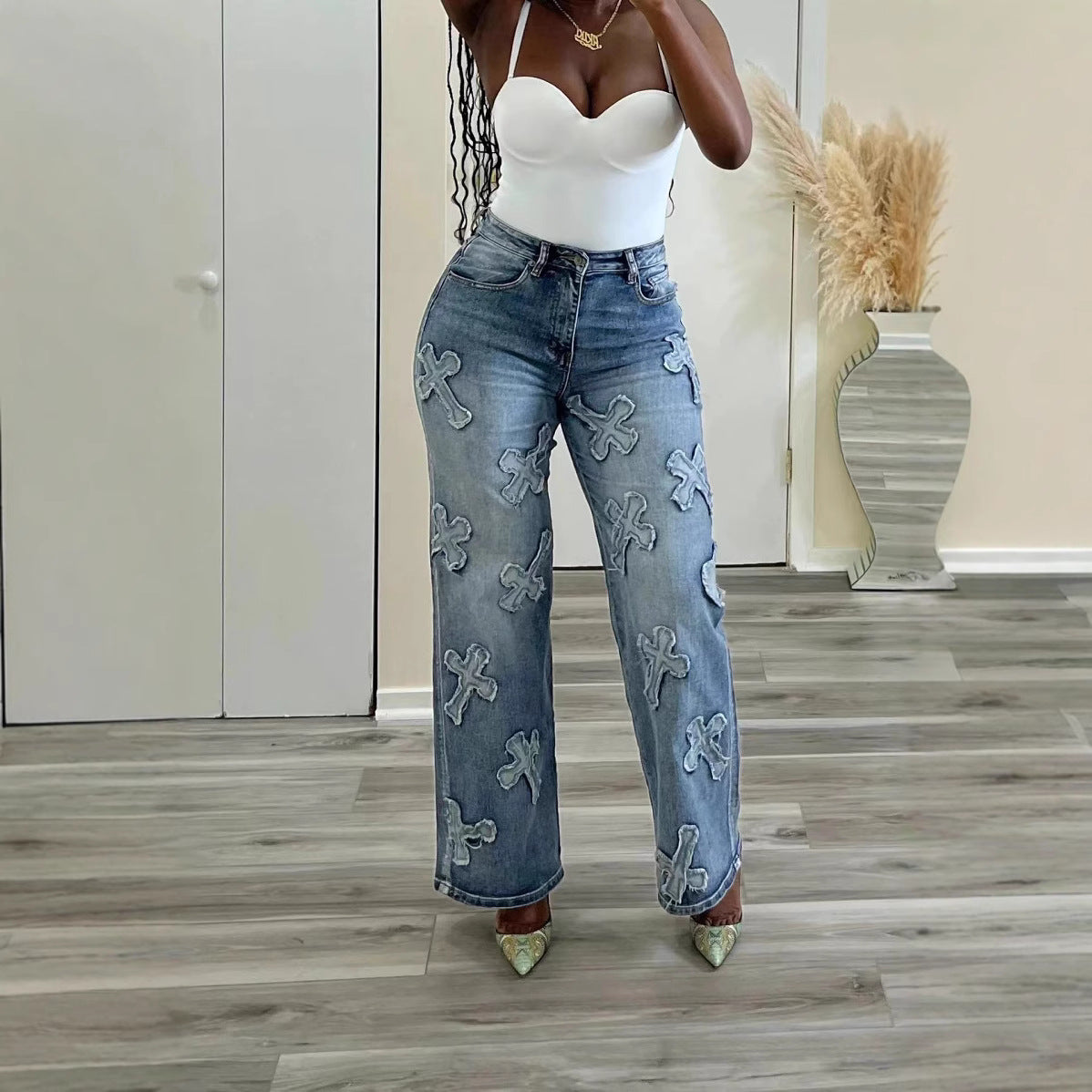 Women's Vintage Washed Denim Tassel Cross Patch Women's Jeans