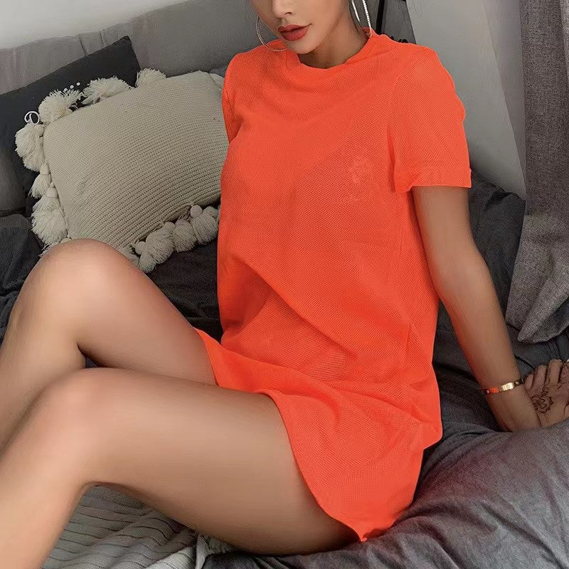 Women's Sexy Cutout Mesh Hot Fluorescent Swimsuit Base Dress Lace Shirt, Chiffon Shirt