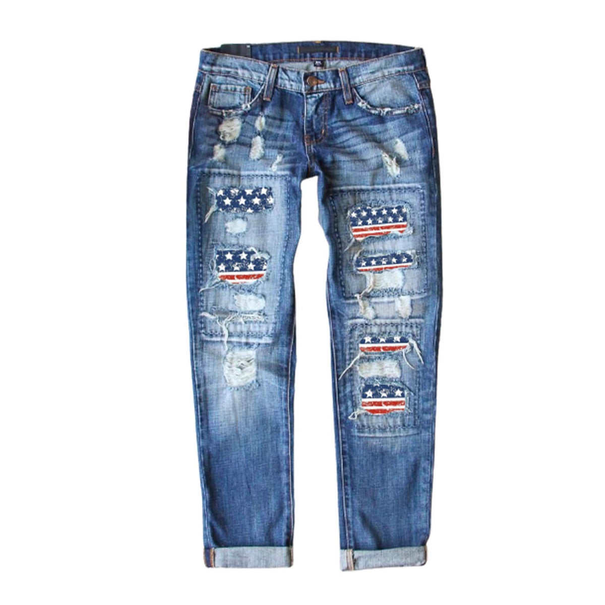 Women's Fashion Holes Printed Patch Straight Jeans