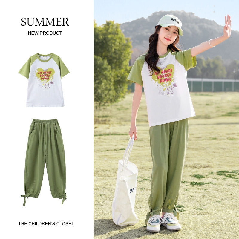 Children's Medium Large Casual Knitted Short Sleeve Trousers Children's Suit