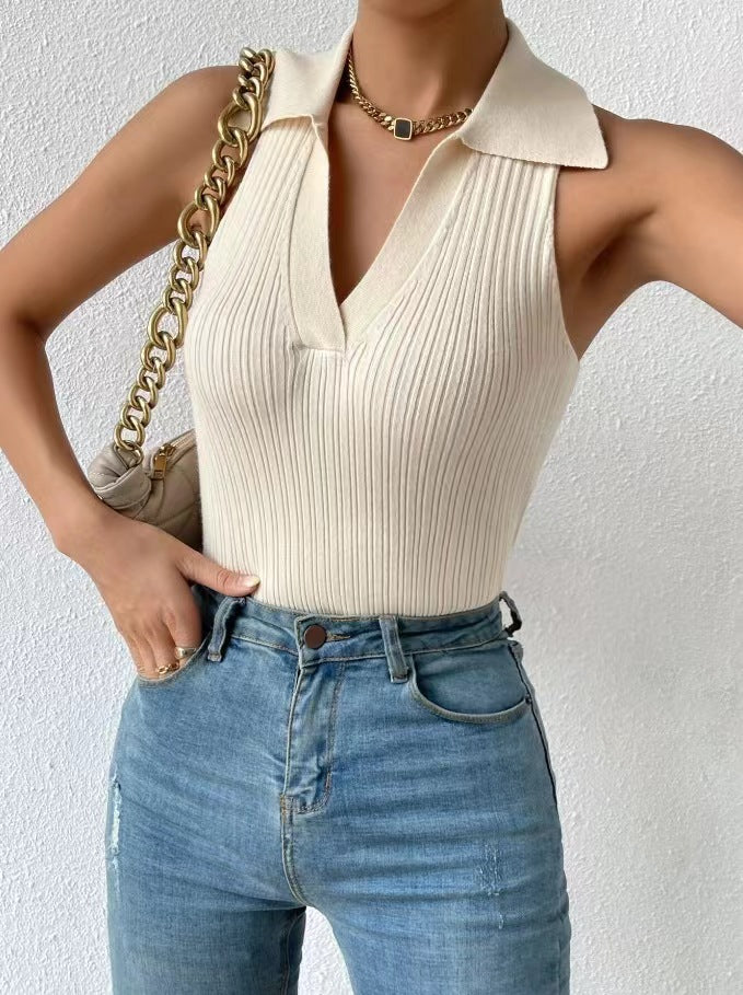 Women's Summer Solid Color Collar Casual Slim Sleeveless Knitted Shorts