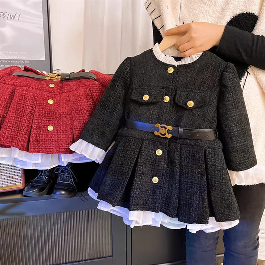 Solid Color Fleece-lined Single-breasted Warm Temperament Style Children's Dress