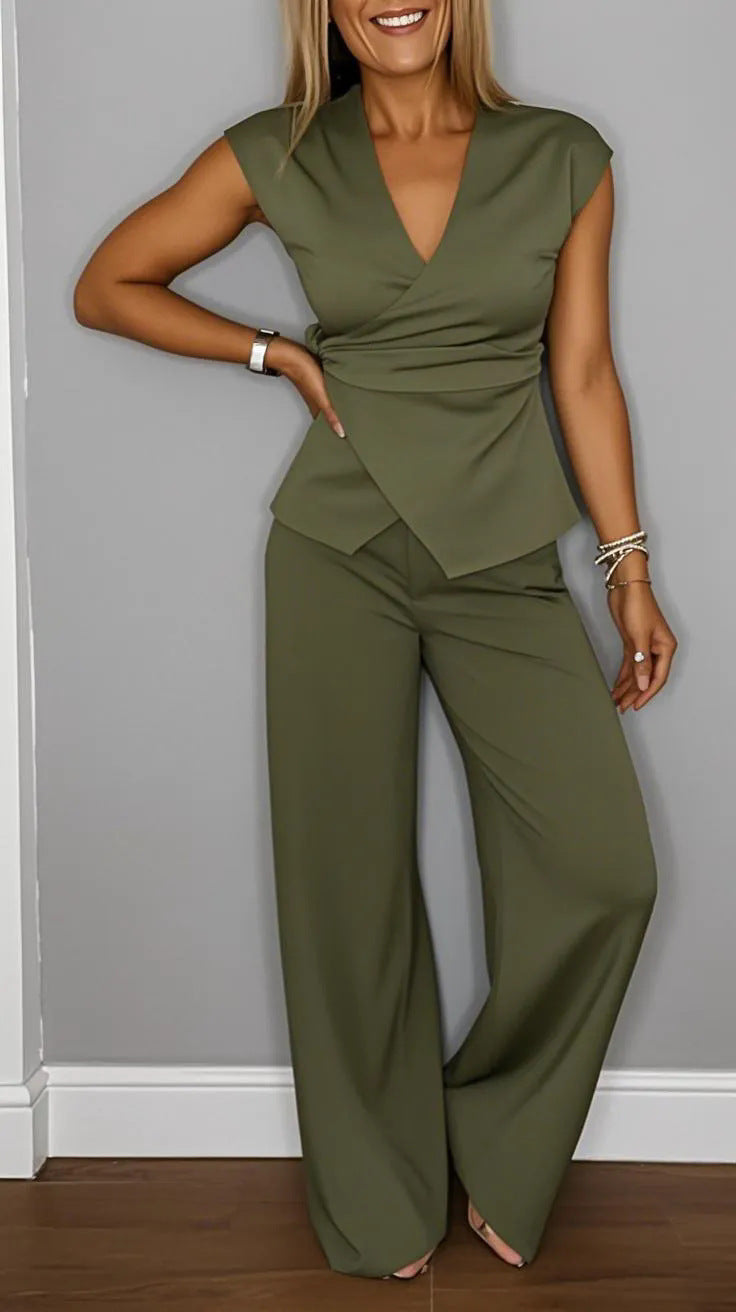 Women's Solid Color Pleated Sleeves Trousers With Metal Fashion Casual Suit