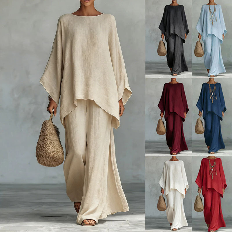 Women's Loose Linen Blended Solid Color Shirt Wide Fashion Casual Suit