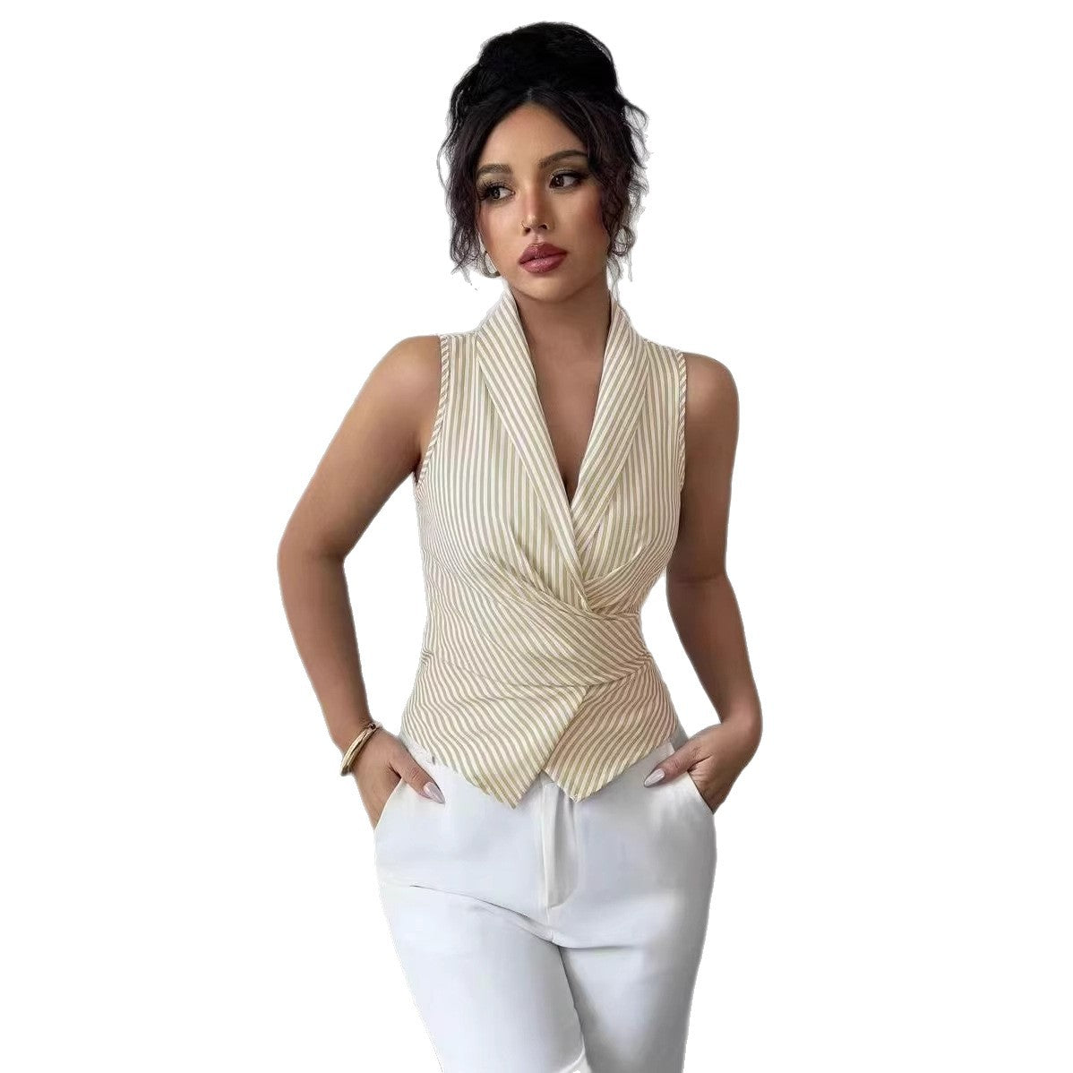 Minimalist High-grade Striped Lapel Collar Sleeveless Cross Waist Irregular Suits