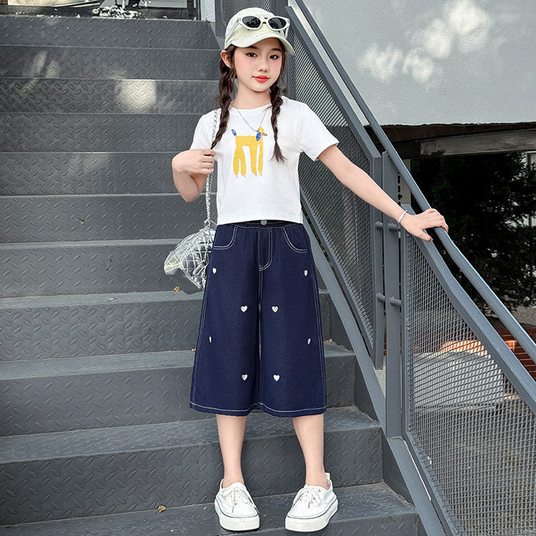Summer Thin Medium Large Love Embroidered Cropped Junior High School Children's Pants