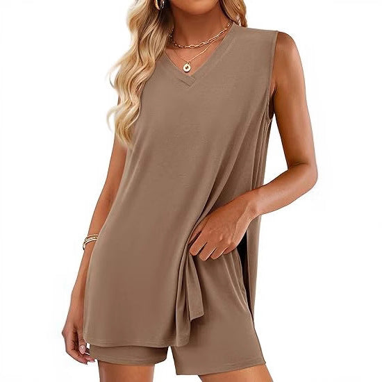 Pretty Summer Split Sleeveless Belt Pocket Fashion Casual Suit