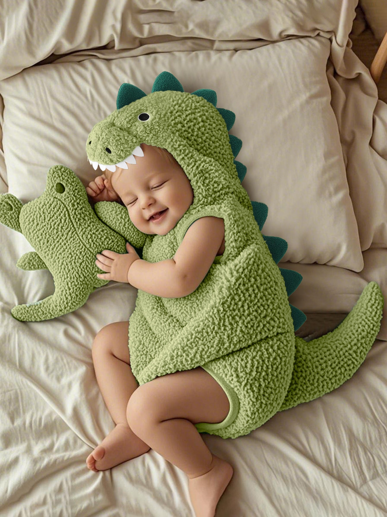 Infants Cute Cartoon Sleeveless Hooded Triangle Rompers Polar Fleece Dinosaur Jumpsuit, Climbing Suit