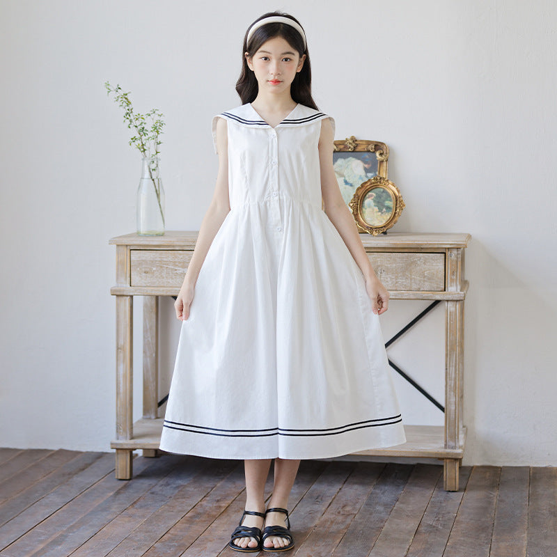 Children's Medium Large Dresses Summer Sailor Collar Skirt Artistic Children's Dress