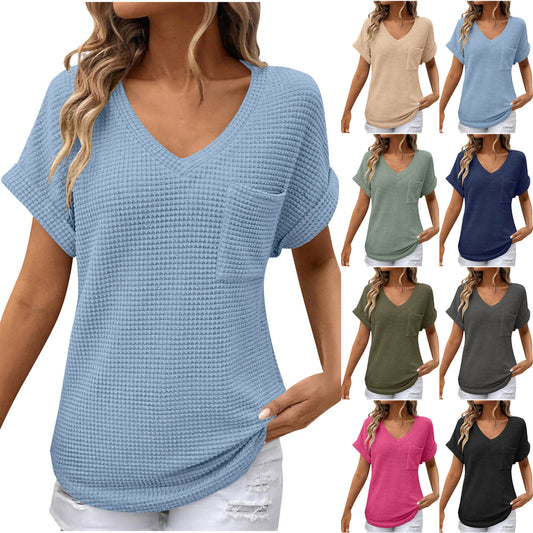 Women's Collar Summer Waffle Pocket Sleeve Women's T-shirt