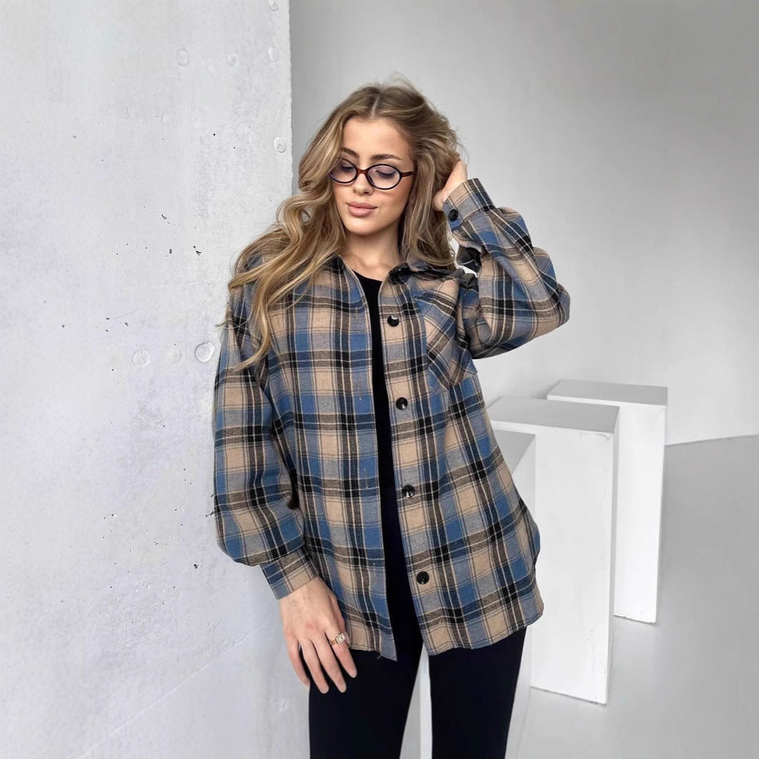 Women's Shirt Fashionable Plaid Mid-length Casual Temperament Tops