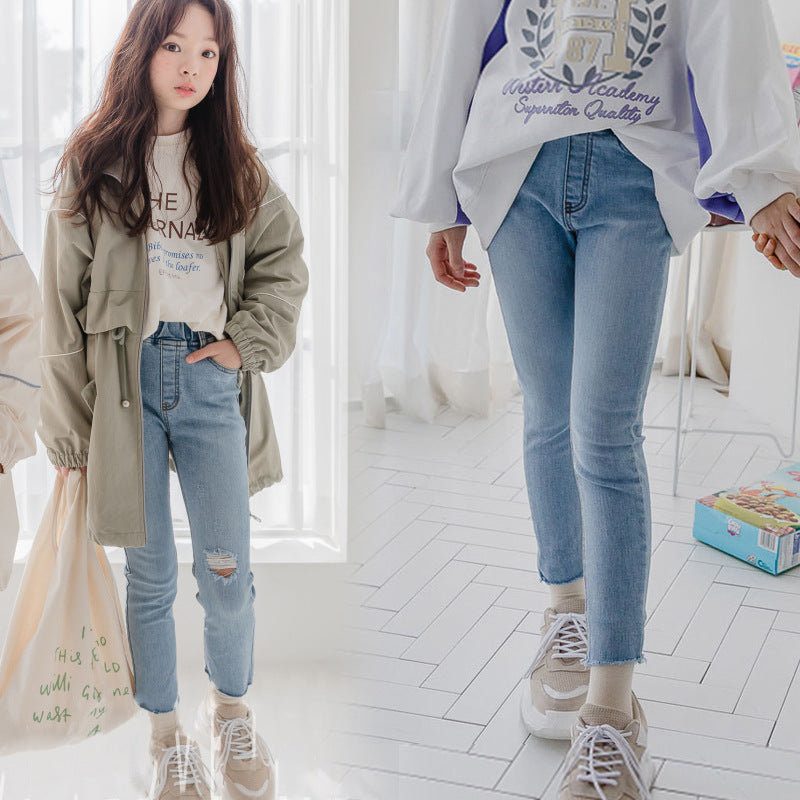 Children's Jeans Stretch Pencil Autumn Medium Large Pure Color Slim Children's Pants