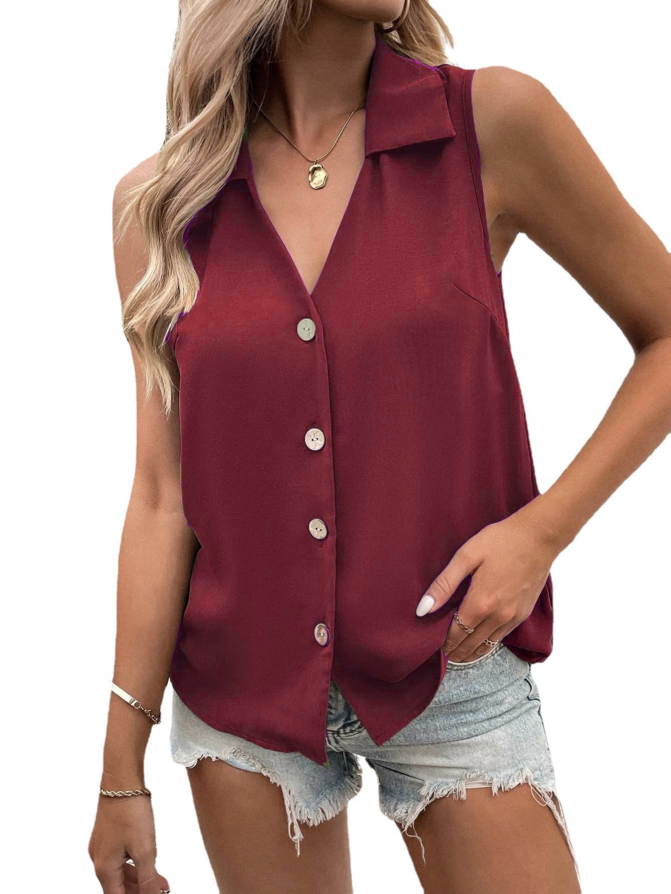 Women's Summer Solid Color Loose Sleeveless Button Clothing