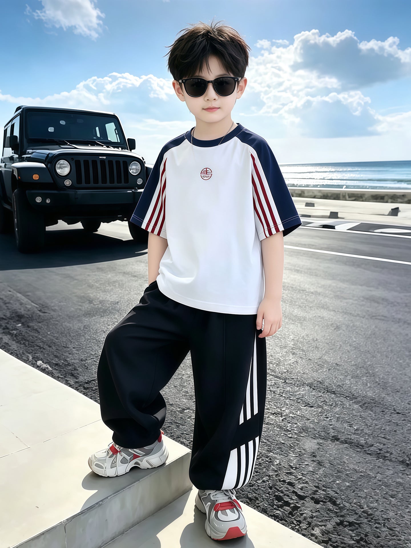 Children's Medium Big Loose Short Sleeve Two-piece Children's Suit