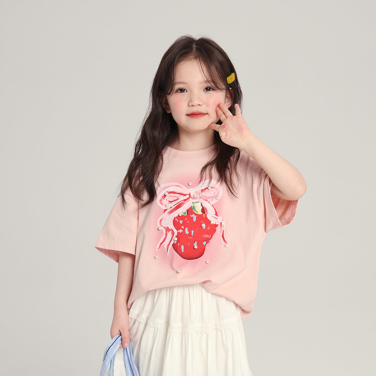 Sweetheart Strawberry Short-sleeved Sweet Pearl Decorative Pullover Children's T-shirt