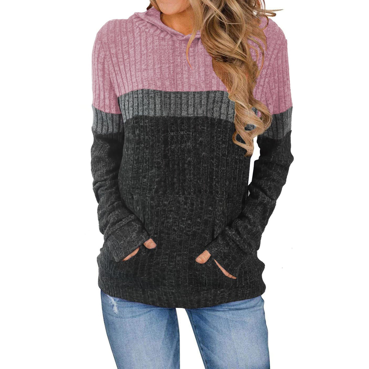 Women's Casual Contrast Color Pocket Stitching Hooded Large Size T-shirt