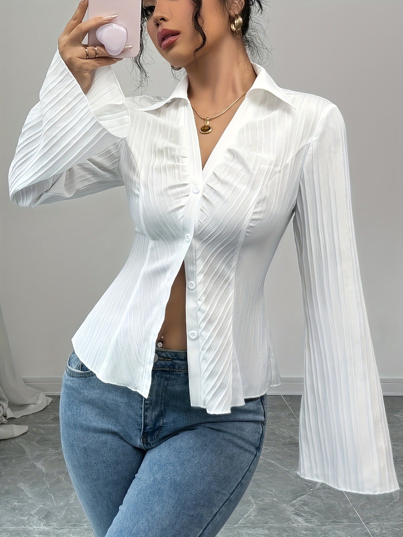 Women's European Elegant Single-breasted Solid Color Striped Blouse