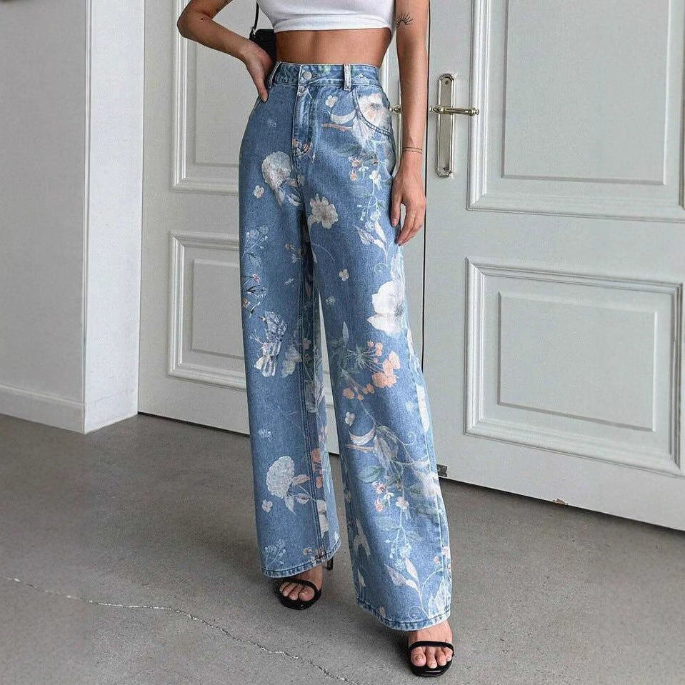 Women's Retro Blue Floral Printed Summer Design High Pants