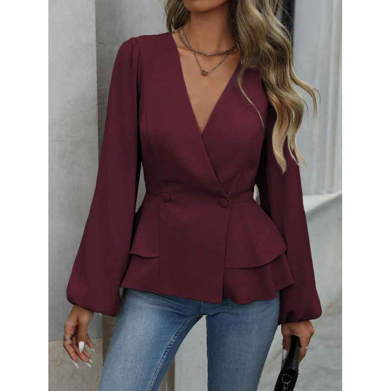 Women's American Style Gentle Autumn East Design Solid Color Fashion Stitching Blouse