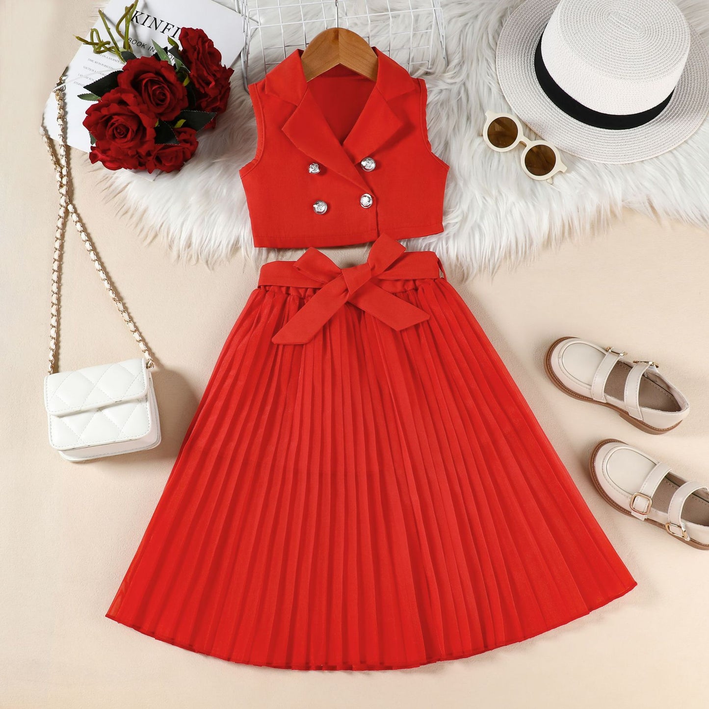 Fashion Tailored Collar Sleeveless Top Pleated Skirt Two-piece Children's Suit