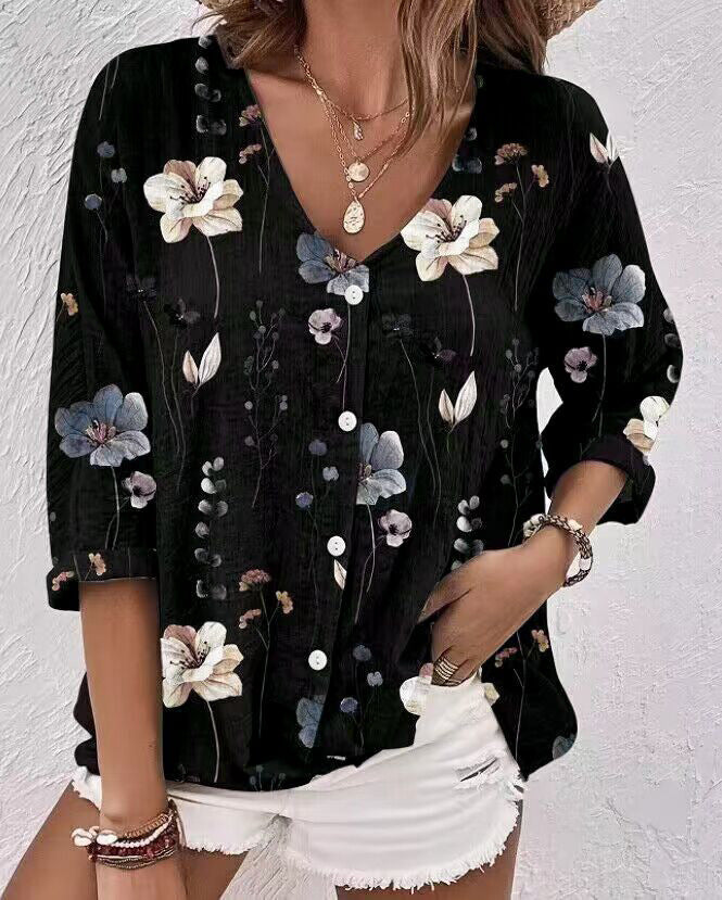 Casual Women's Buttons Printed Long Sleeve Lace Shirt, Chiffon Shirt