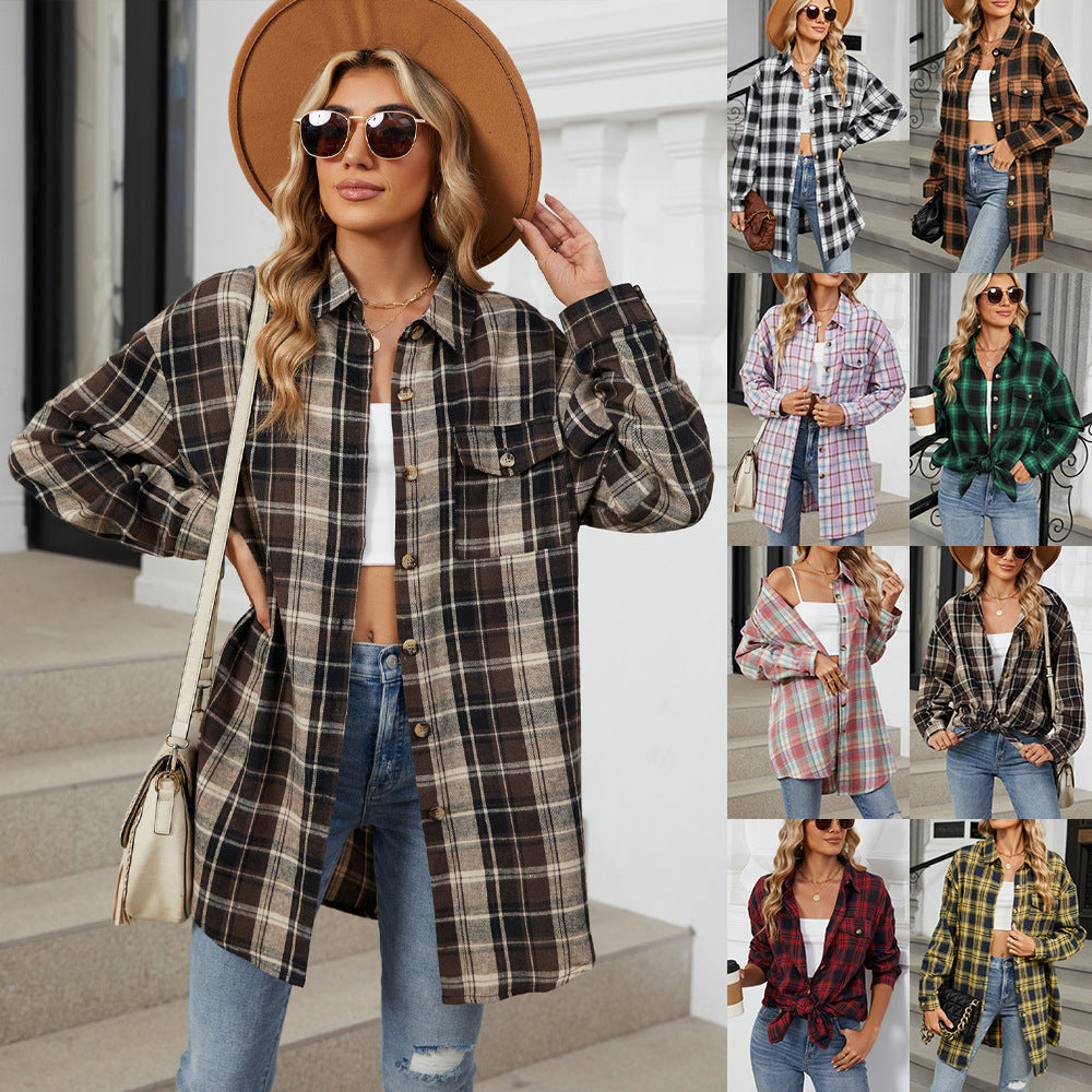 Style Plaid Shirt Brushed Long Sleeve Blouse