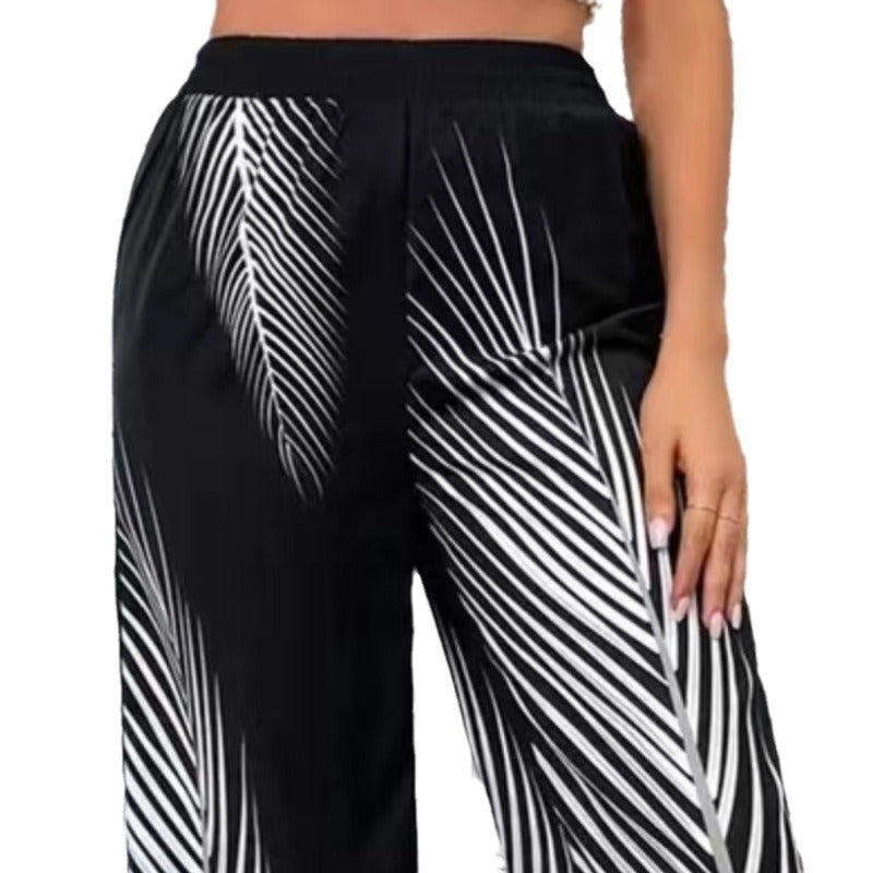 Women's Fashionable Elegant Striped Leaf Positioning Printed Casual Pants