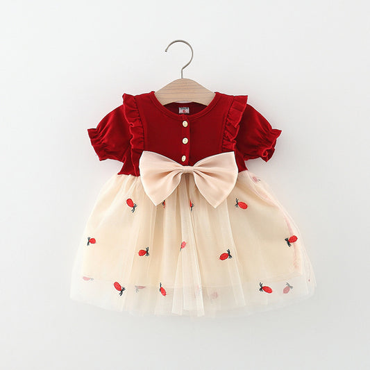 Pineapple Mesh Stitching Korean Style Bow Short Sleeve Lace Children's Dress