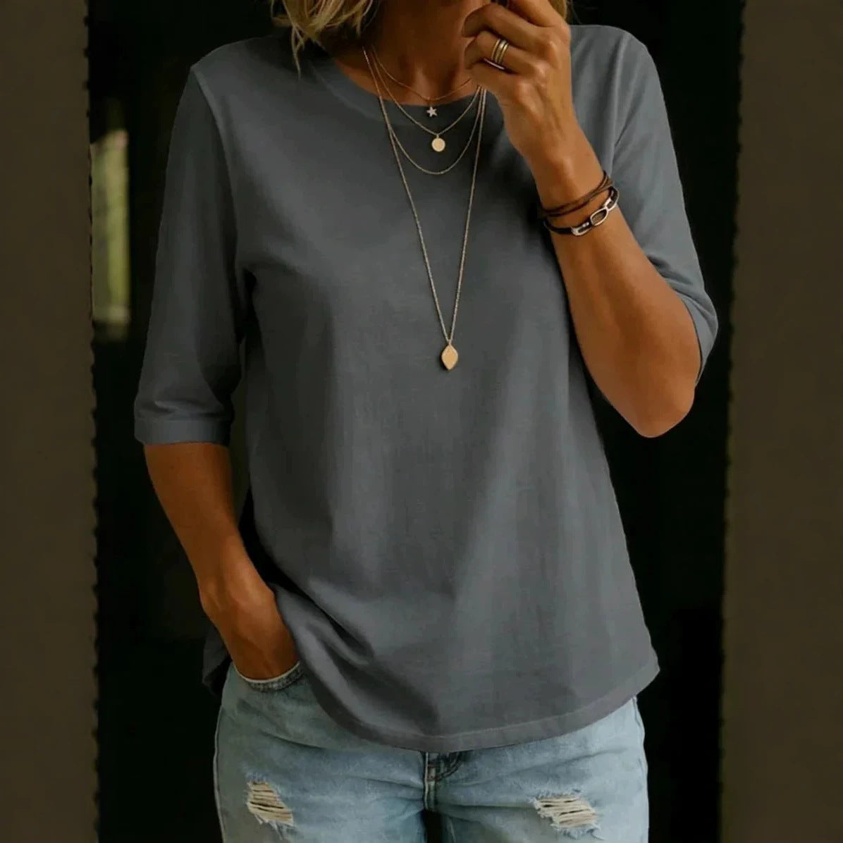 Women's Casual Round Neck Shoulder Half Sleeve Women's T-shirt
