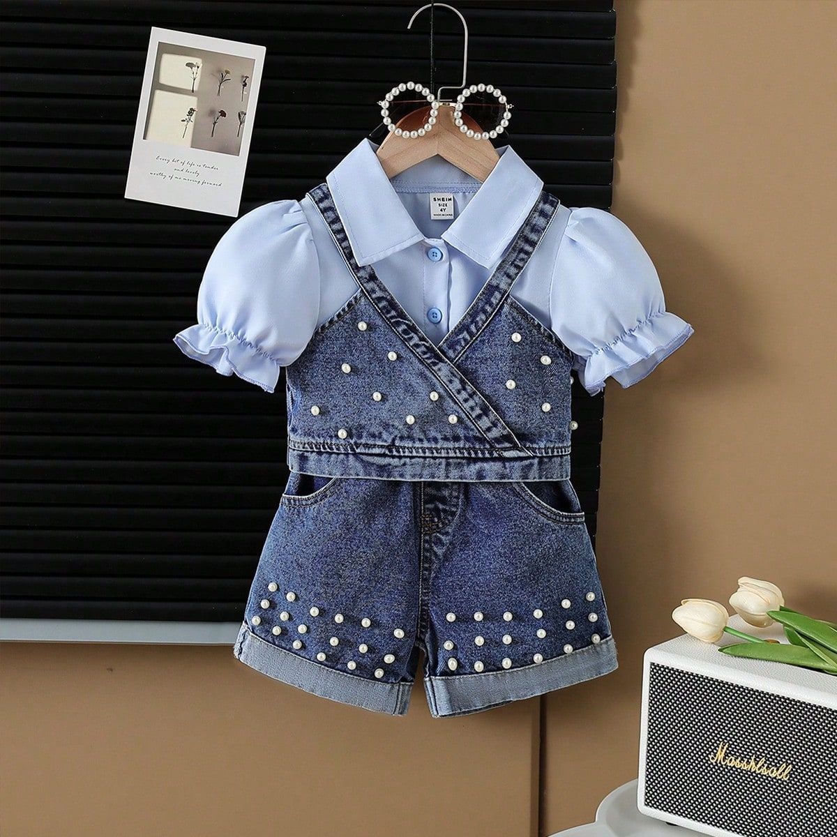 Summer Lapel Shirt Denim Vest Beaded Jeans Children's Suit