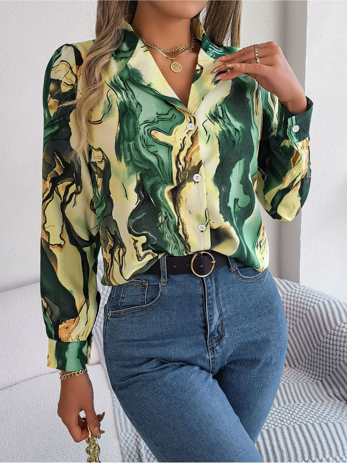 Women's Casual Contrast Color Striped Collar Long Lace Shirt, Chiffon Shirt