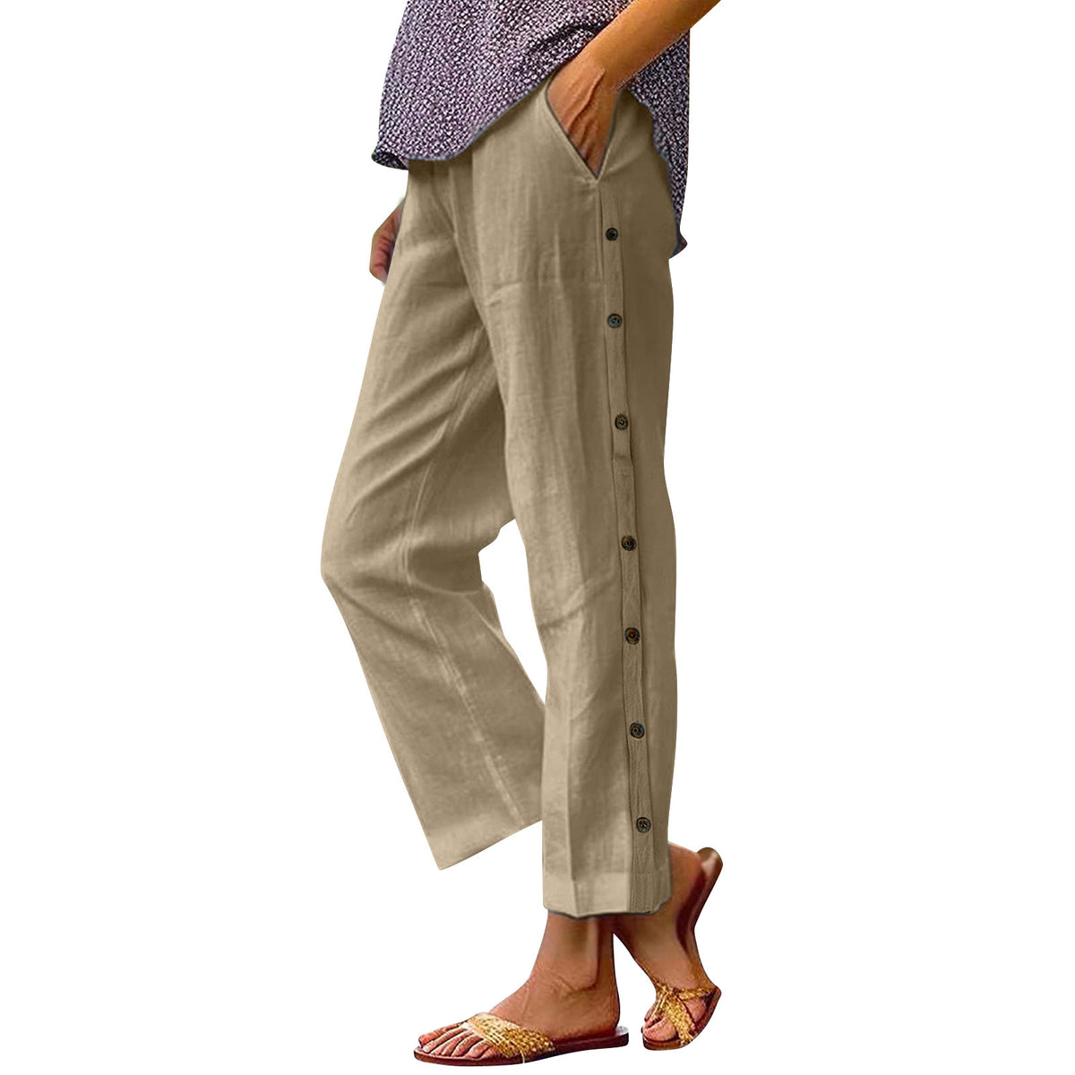Holiday Slim Looking Cotton Linen Breathable Cropped Featured Fastener Casual Pants