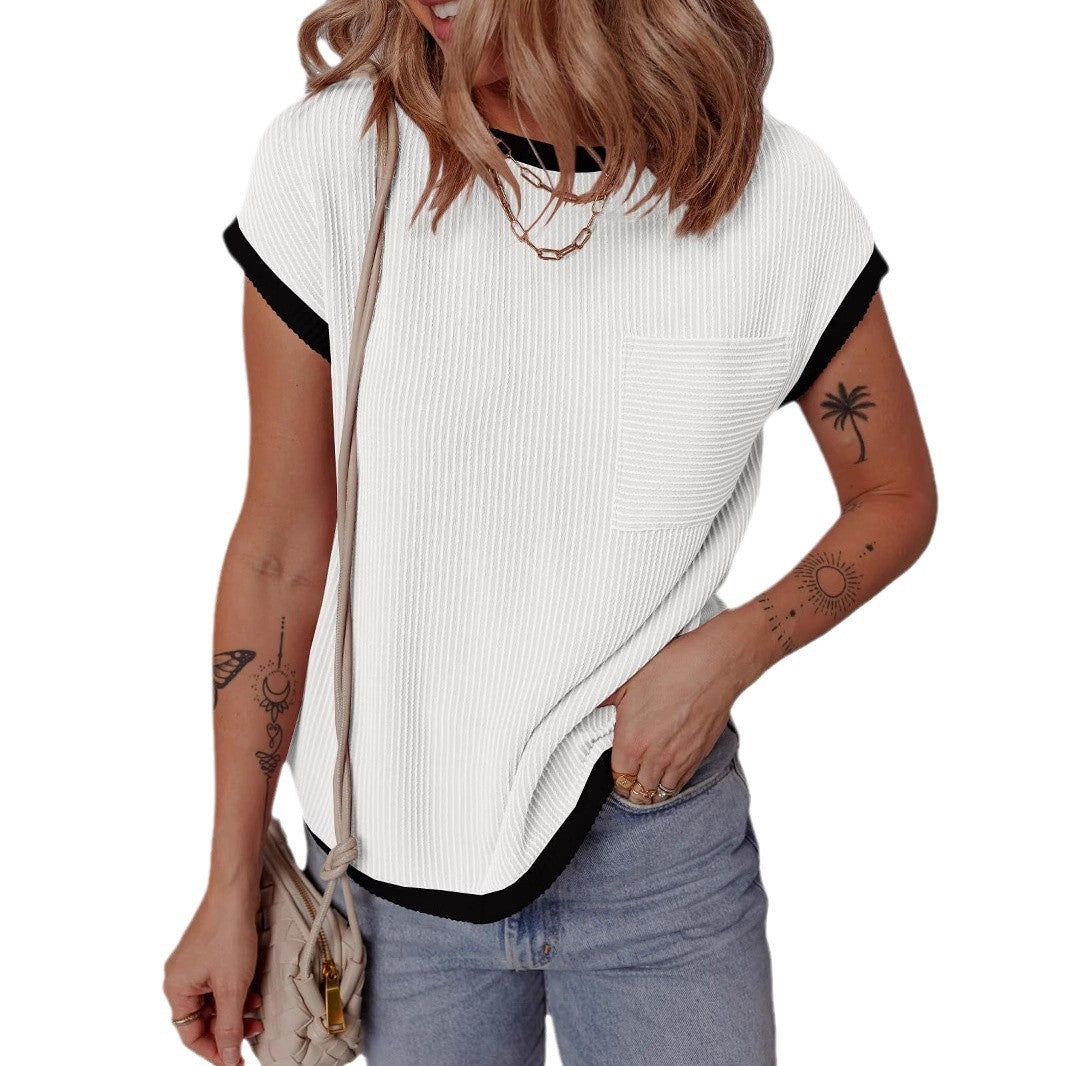 Women's Round Neck Knitted In Contrast Color Casual Twist Women's T-shirt