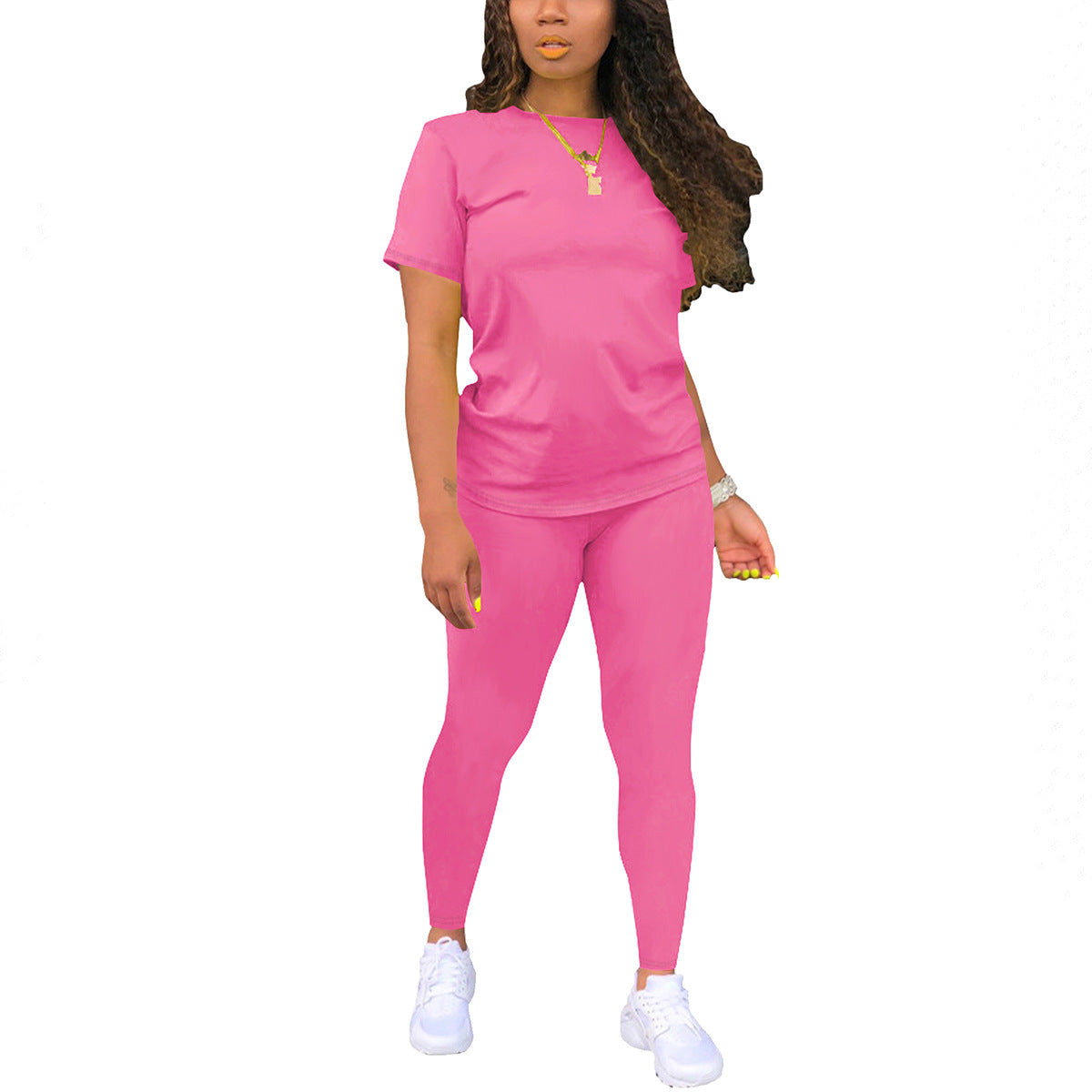 Women's Solid Color Gradient Printing Round Neck Sleeve T-shirt Fashion Casual Suit