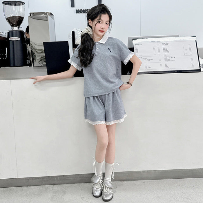 Children's Sports Suit Summer Korean Lace Edge Parent-child Outfit