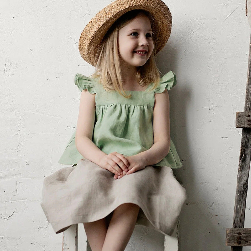 Linen Mori Summer Flounced Sleeve Suspender Skirt Loose Children's Dress