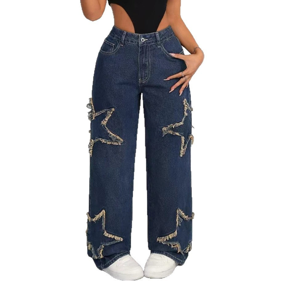 Women's Patch Pentagram Tassel Loose Burrs Straight Women's Jeans