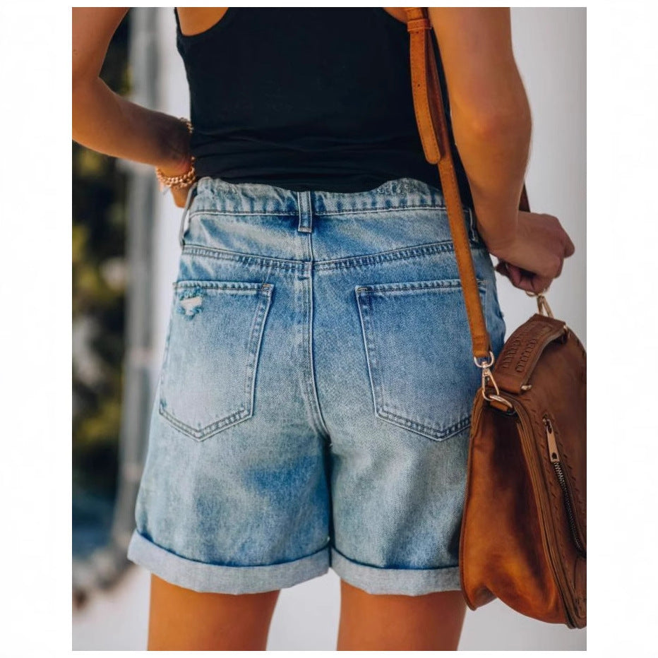 Women's Trade Temperament Leisure Ripped Curling Cropped Shorts