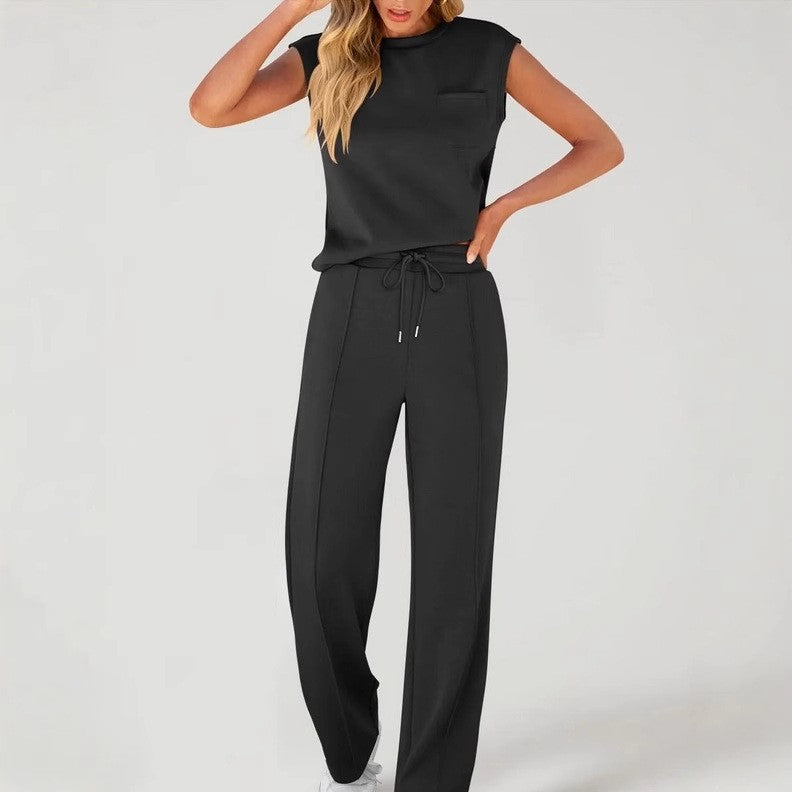 Women's Color Sleeveless High Waist Wide Leg Fashion Casual Suit