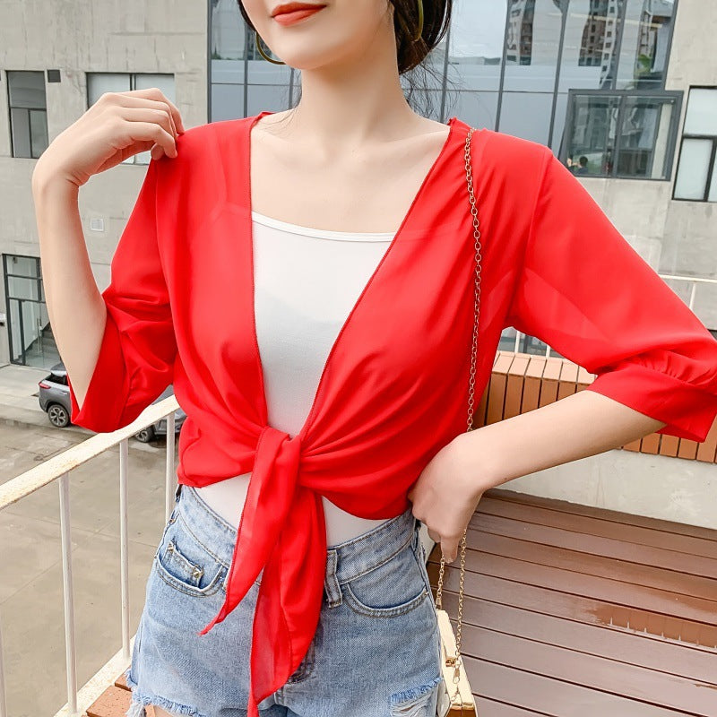 Korean Style Inner Slim Fit Patchwork Summer Loose Solid Color Cardigans