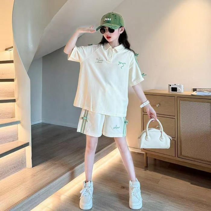 Children's Western Style Medium Big Bow Short Sleeve Ribbon Shorts Children's Suit