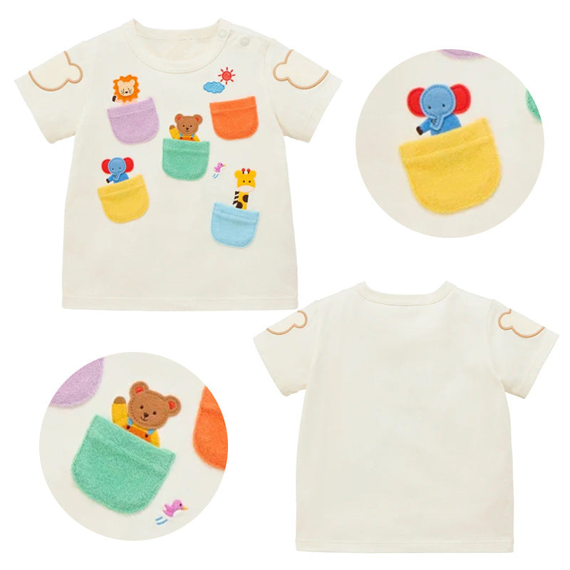 Children's Boys Cartoon Bear Zoo Pocket Short Children's T-shirt