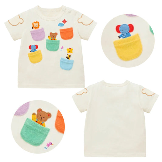 Children's Boys Cartoon Bear Zoo Pocket Short Children's T-shirt
