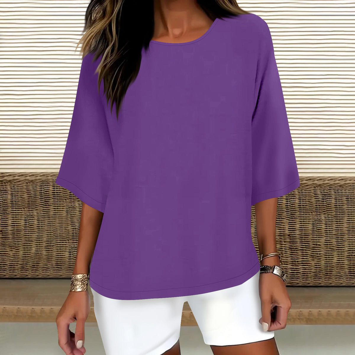 Women's Three-quarter Sleeve Round Neck Cotton Linen Blouse