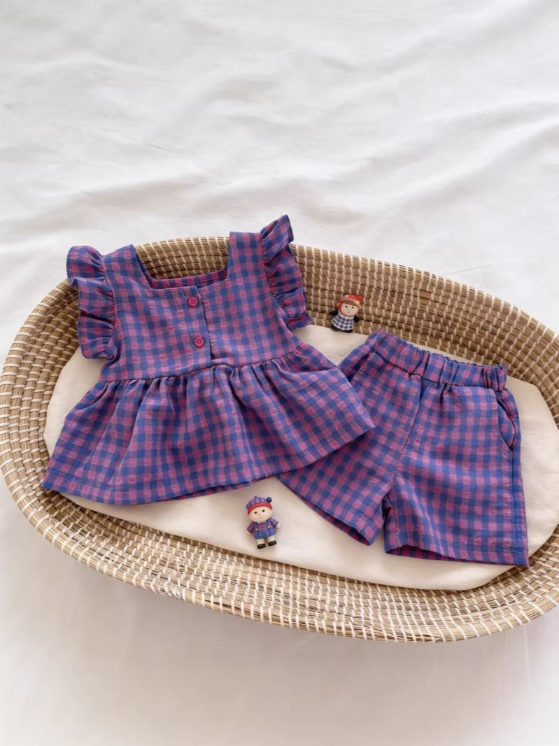 Summer Flounced Sleeve Plaid Fashion Western Children's Suit
