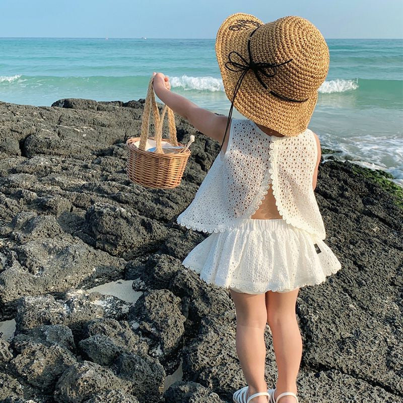 Summer Western Style Cool Popular Korean Hollow Lace Vest Short Children's Suit